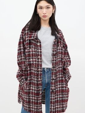 Faith Connexion Oversized Black, Burgundy & White Bouclé Plaid Overshirt OS